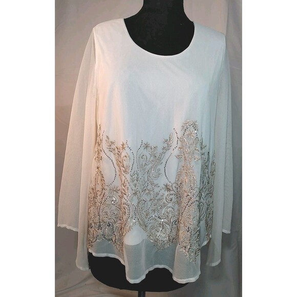 Chenault Women Ivory Mesh Lined‎ Gold Floral Embroidered Tunic Size L - Picture 1 of 8
